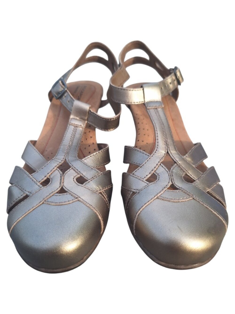 Cobb Hill Aubrey T Strap Sandals 8.5 Metallic Pewter Leather Comfort Shoe